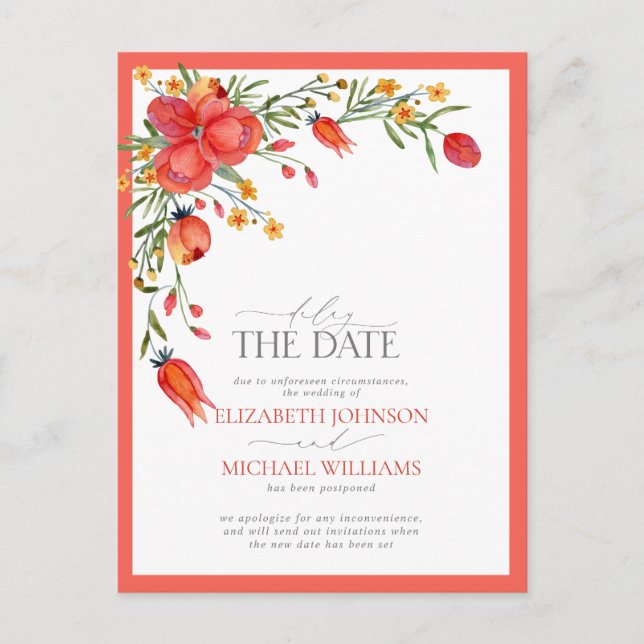 Delay the Date Papaya and Orange Floral Wedding Announcement Postcard (Front)