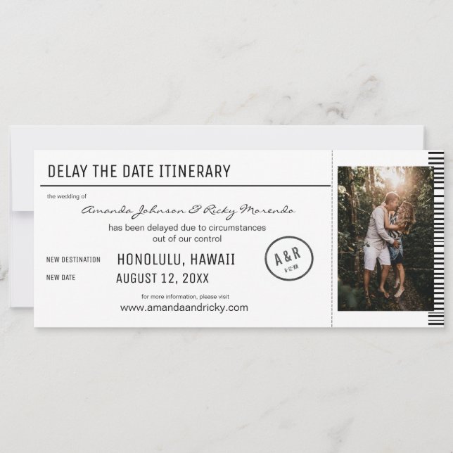 Delay the Date Photo Black & White Destination Invitation (Front)