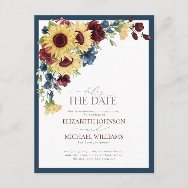 Delay the Date Sunflower Blue Burgundy Wedding Announcement Postcard (Front)