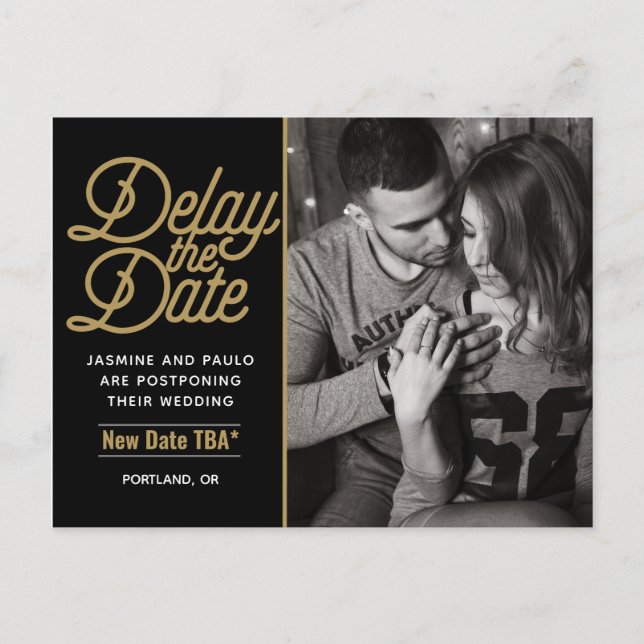 Delay The Date Wedding Modern Script Photocard Postcard (Front)