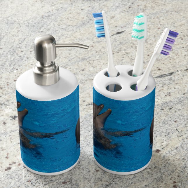 "Delfin pair" by mysteryella Soap Dispenser And Toothbrush Holder (Front)