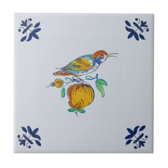 Delft Bird on Branch with Fruit Repro c. 1650  Tile (Front)