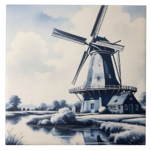 Delft Blue and White Windmill Traditional Dutch Tile
