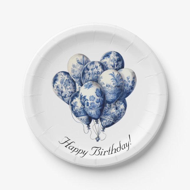 Delft Blue Balloons, customisable  Paper Plate (Front)