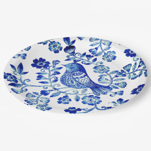 Delft Blue Bird 🐦 floral French Country Sctoll Paper Plate