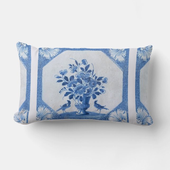 Delft Blue Birds floral French Country Chic Lumbar Cushion (Front)