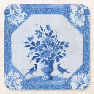 Delft Blue Birds floral French Country Chic Square Paper Coaster