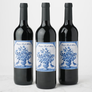 Delft Blue Birds floral French Country Elegance  Wine Label