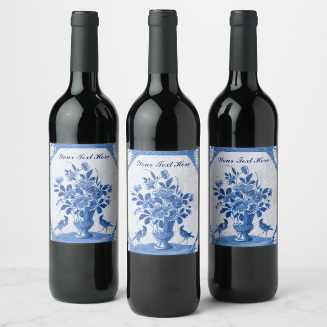 Delft Blue Birds floral French Country Elegance  Wine Label (Bottles)