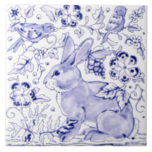Delft Blue Bunny Rabbit Bird Dedham Elegant Rustic Tile