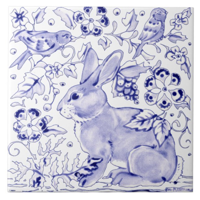 Delft Blue Bunny Rabbit Bird Dedham Elegant Rustic Tile (Front)