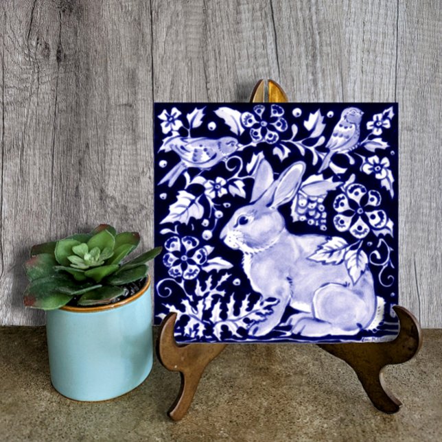 Delft Blue Bunny Rabbit Bird Dedham Elegant Rustic Tile (Creator Uploaded)