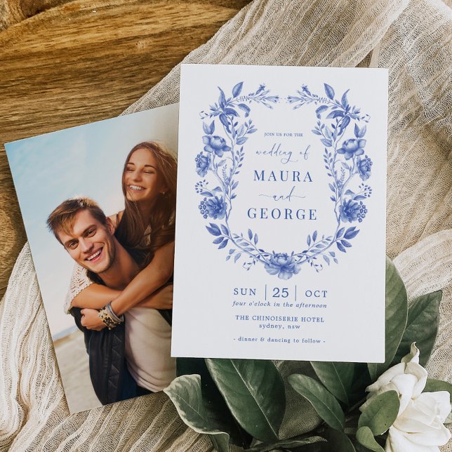 Delft Blue Chinoiserie Floral Porcelain Wedding Invitation (Creator Uploaded)