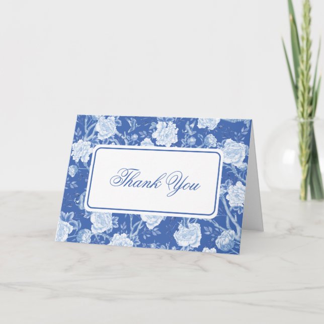 Delft Blue Chinoiserie Flower Bird Toile Thank You Card (Front)
