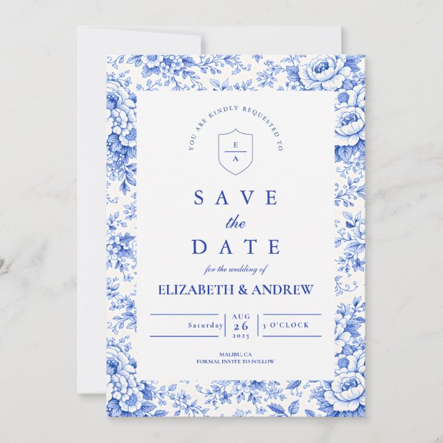 Delft Blue Chinoiserie Wedding Save The Date (Front)
