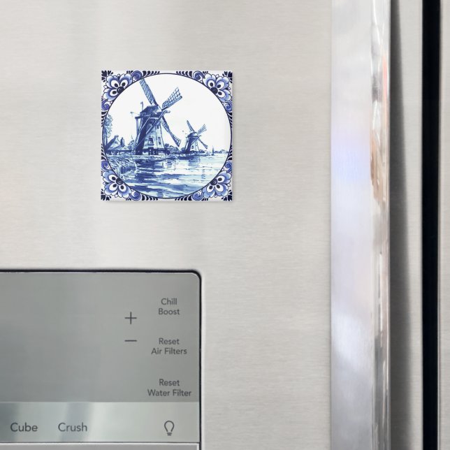 Delft Blue Double Windmill Farmhouse Painting Magnet (In Situ (Fridge))