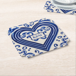 'Delft Blue' Dutch Look Painted Heart - Monograms Paper Coaster