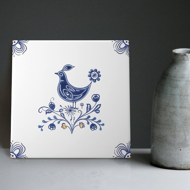 Delft Blue Dutch Style Bird Flowers Indigo Ceramic Tile (Creator Uploaded)