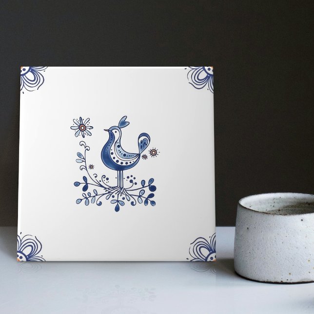 Delft Blue Dutch Style Bird Flowers Indigo Ceramic Tile (Creator Uploaded)