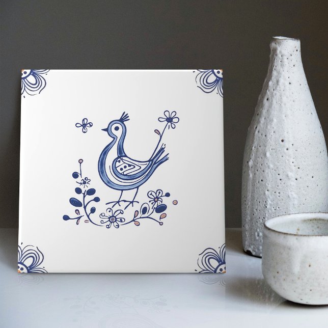 Delft Blue Dutch Style Bird Flowers Indigo Ceramic Tile (Creator Uploaded)