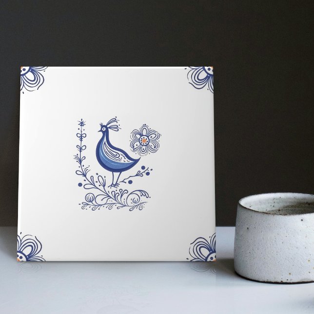 Delft Blue Dutch Style Bird Flowers Indigo Ceramic Tile (Creator Uploaded)