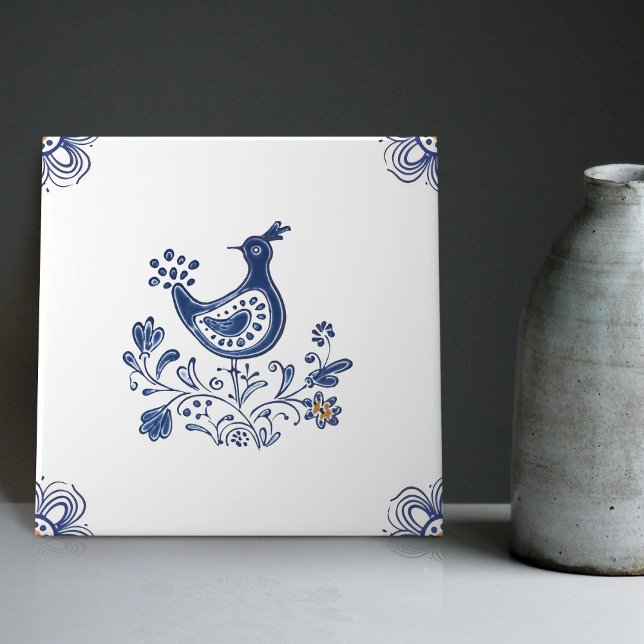 Delft Blue Dutch Style Bird Flowers Indigo Ceramic Tile (Creator Uploaded)
