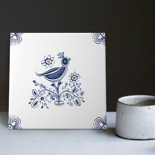 Delft Blue Dutch Style Bird Flowers Indigo Ceramic Tile (Creator Uploaded)