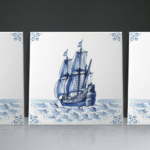 Delft Blue Dutch Style Frigate Schooner Sail Boat Tile