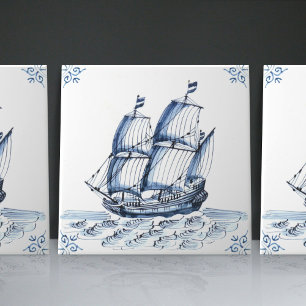 Delft Blue Dutch Style Frigate Schooner Sail Boat Tile