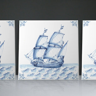 Delft Blue Dutch Style Frigate Schooner Sail Boat Tile