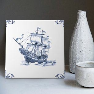 Delft Blue Dutch Style Frigate Schooner Sail Boat Tile