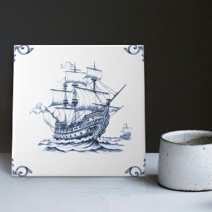 Delft Blue Dutch Style Frigate Schooner Sail Boat Tile