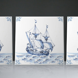 Delft Blue Dutch Style Frigate Schooner Sail Boat Tile