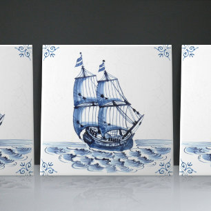 Delft Blue Dutch Style Frigate Schooner Sail Boat Tile