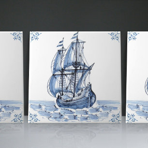 Delft Blue Dutch Style Frigate Schooner Sail Boat Tile