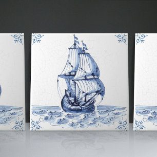 Delft Blue Dutch Style Frigate Schooner Sail Boat Tile