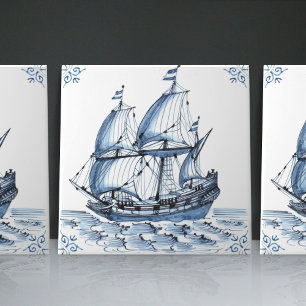 Delft Blue Dutch Style Frigate Schooner Sail Boat Tile