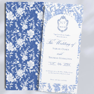 Delft Blue Floral Chinoiserie Monogram Wedding Invitation