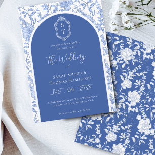 Delft Blue Floral Chinoiserie Monogram Wedding Invitation