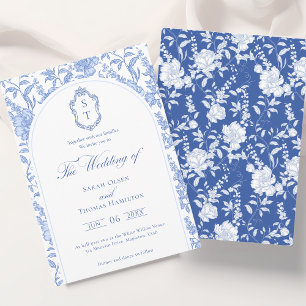 Delft Blue Floral Chinoiserie Monogram Wedding Invitation
