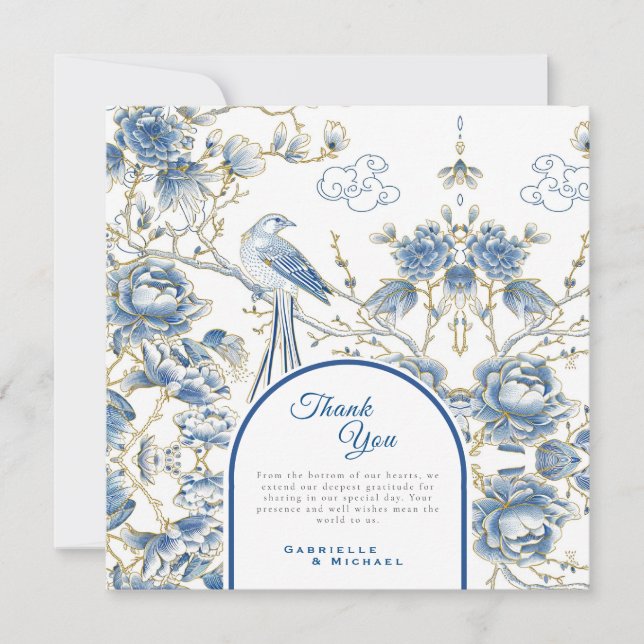 Delft Blue Floral Chinoiserie Porcelain Wedding Thank You Card (Front)