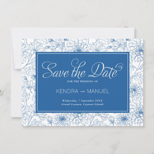 Delft Blue Floral Chinoiserie Toile Wedding Save The Date (Front)