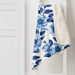 Delft Blue Floral Roses  Sherpa Blanket