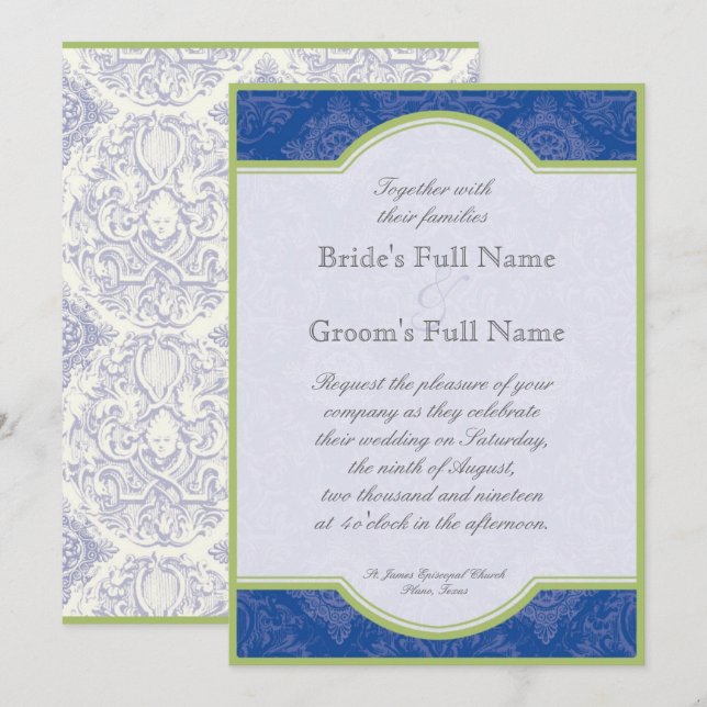 Delft Blue Green Toile Quatrefoil - Wedding Invitation (Front/Back)