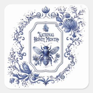 Delft Blue Honey Bee & Flowers Square Sticker