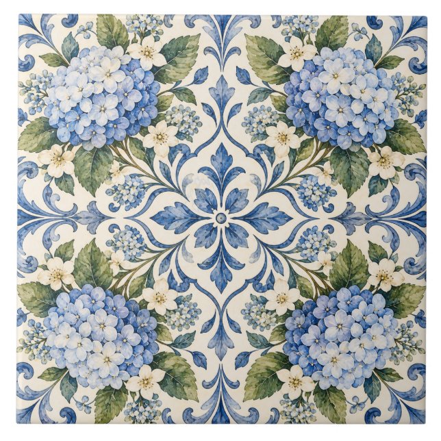Delft Blue Hydrangea Floral Ceramic Tile (Front)