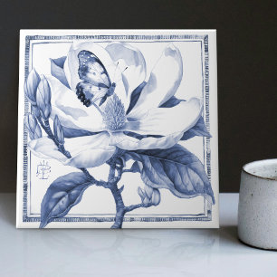 Delft Blue Magnolia Decor Art Nouveau Watercolor Tile