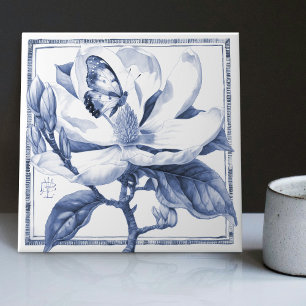 Delft Blue Magnolia Decor Art Nouveau Watercolor Tile
