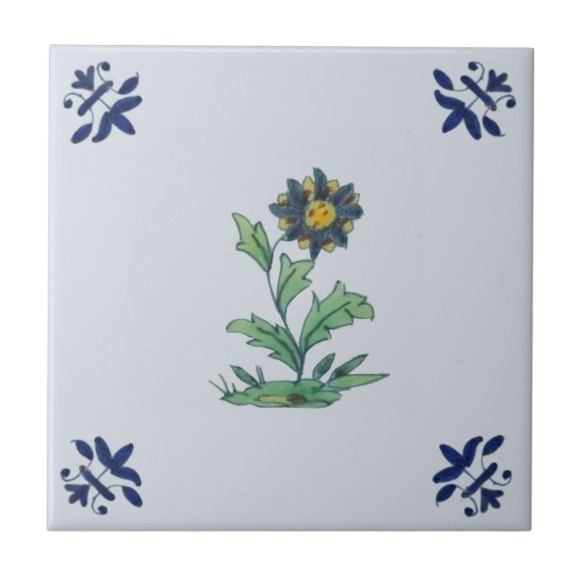 Delft Blue Multi Floral Repro Hand Painted         Tile (Front)