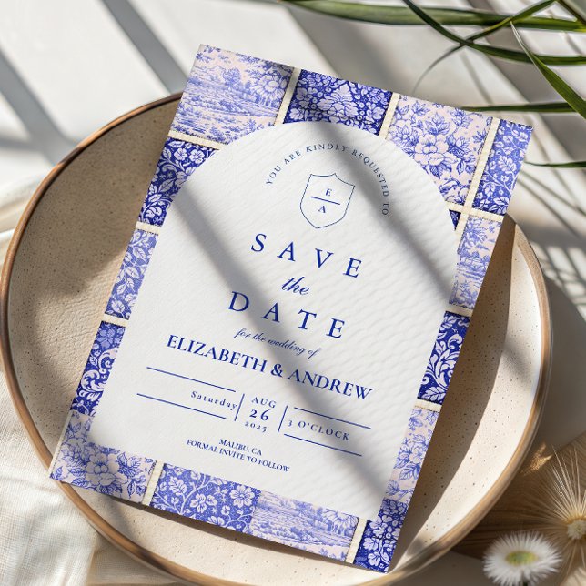 Delft Blue Patchwork Porcelain Wedding Save The Date (Creator Uploaded)